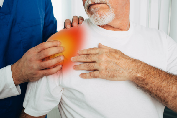 Orthopedic surgeon educating patient on shoulder glenoid wear